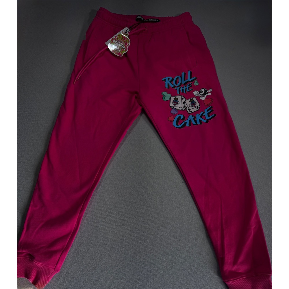 Wedding Cake Roll The Cake Hot Pink Graphic Sweatpants Joggers Womens Medium NWT